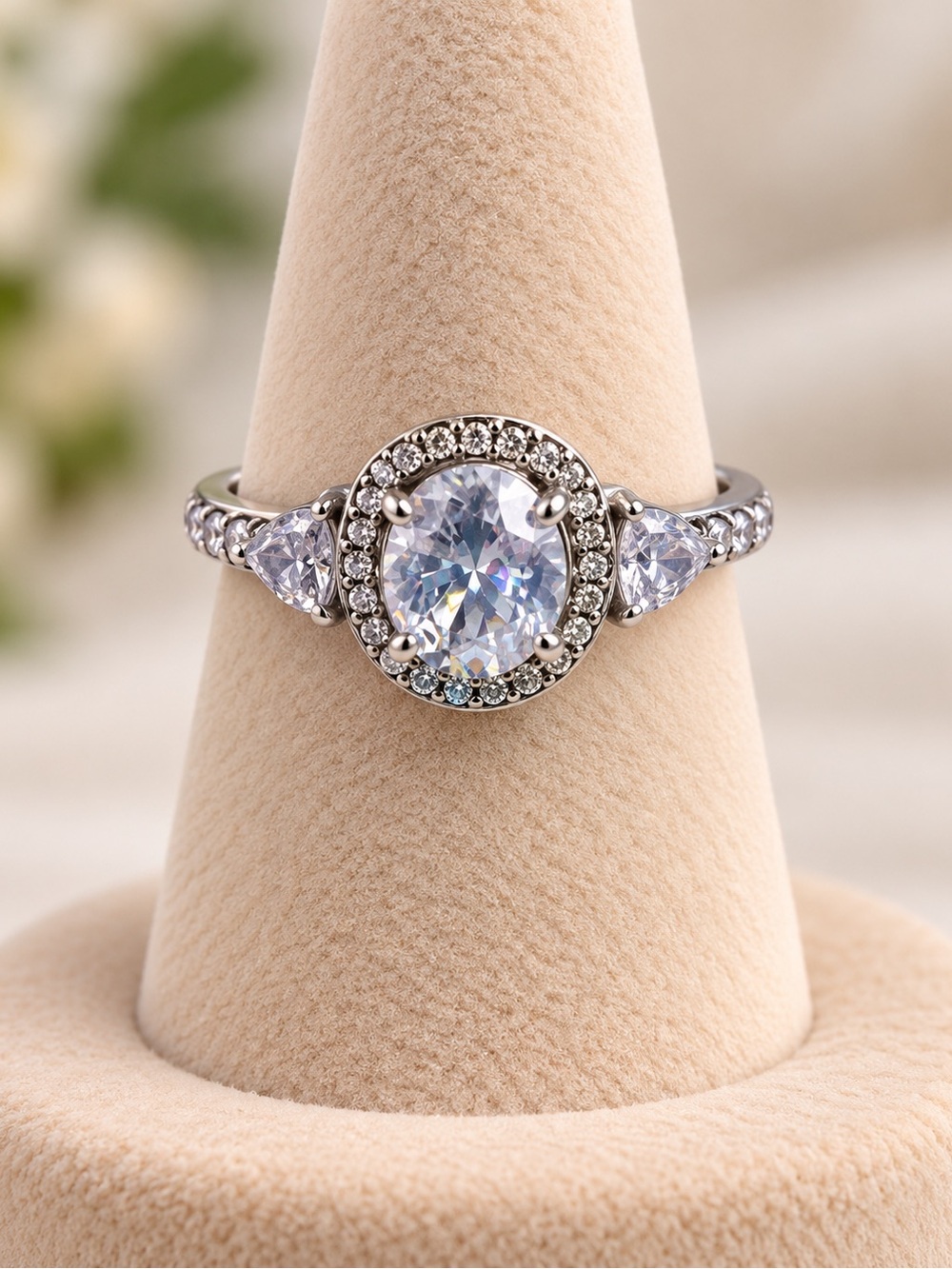 Silver Halo Round-Cut Cubic Zirconia Engagement Ring - Clear